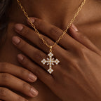 Sacred Radiance Cross Necklace - lifestyle gold hands
