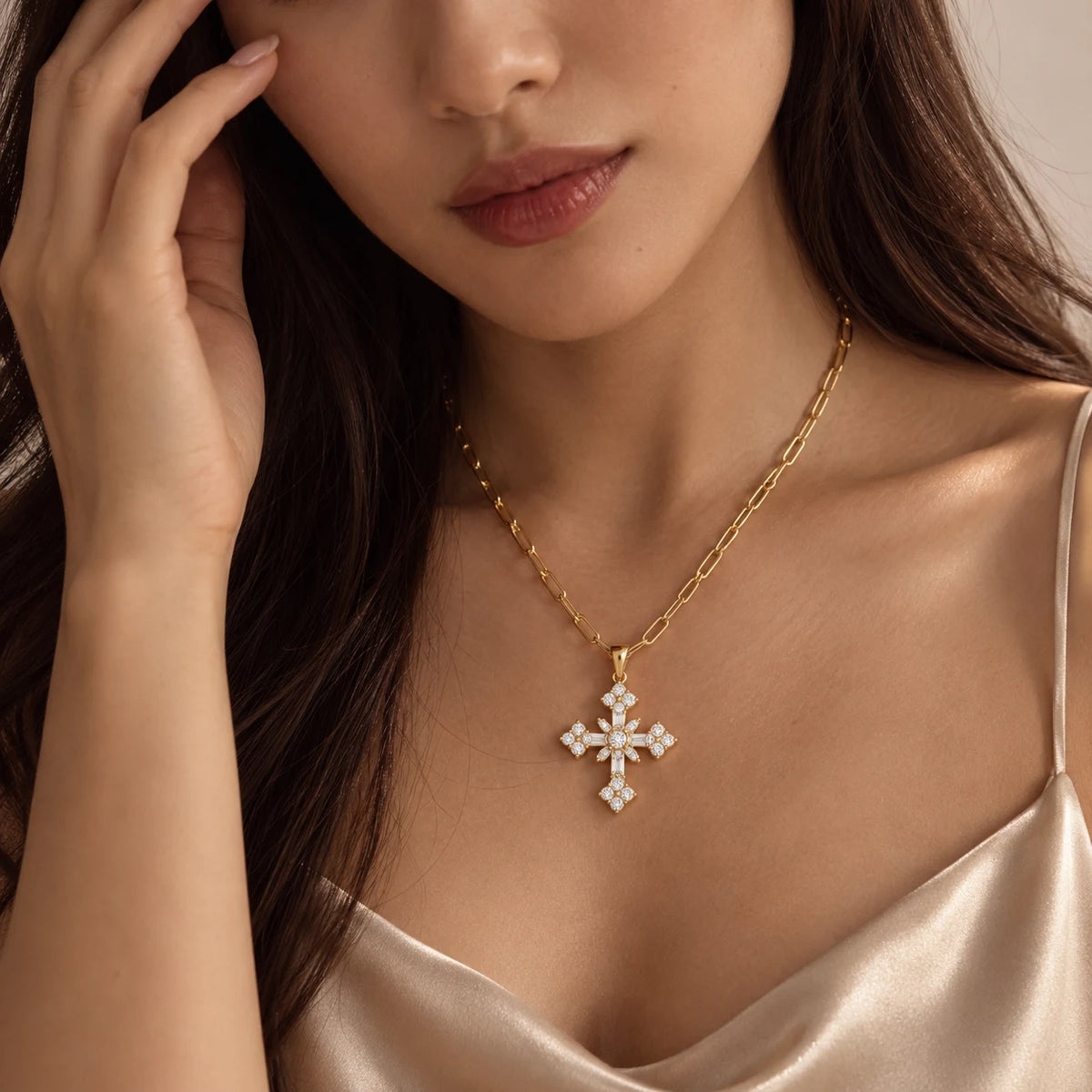 Sacred Radiance Cross Necklace - lifestyle gold champagne