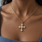 Sacred Radiance Cross Necklace - lifestyle gold slate
