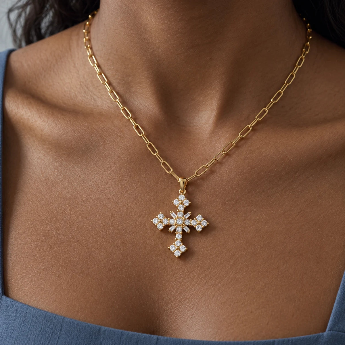 Sacred Radiance Cross Necklace - lifestyle gold slate