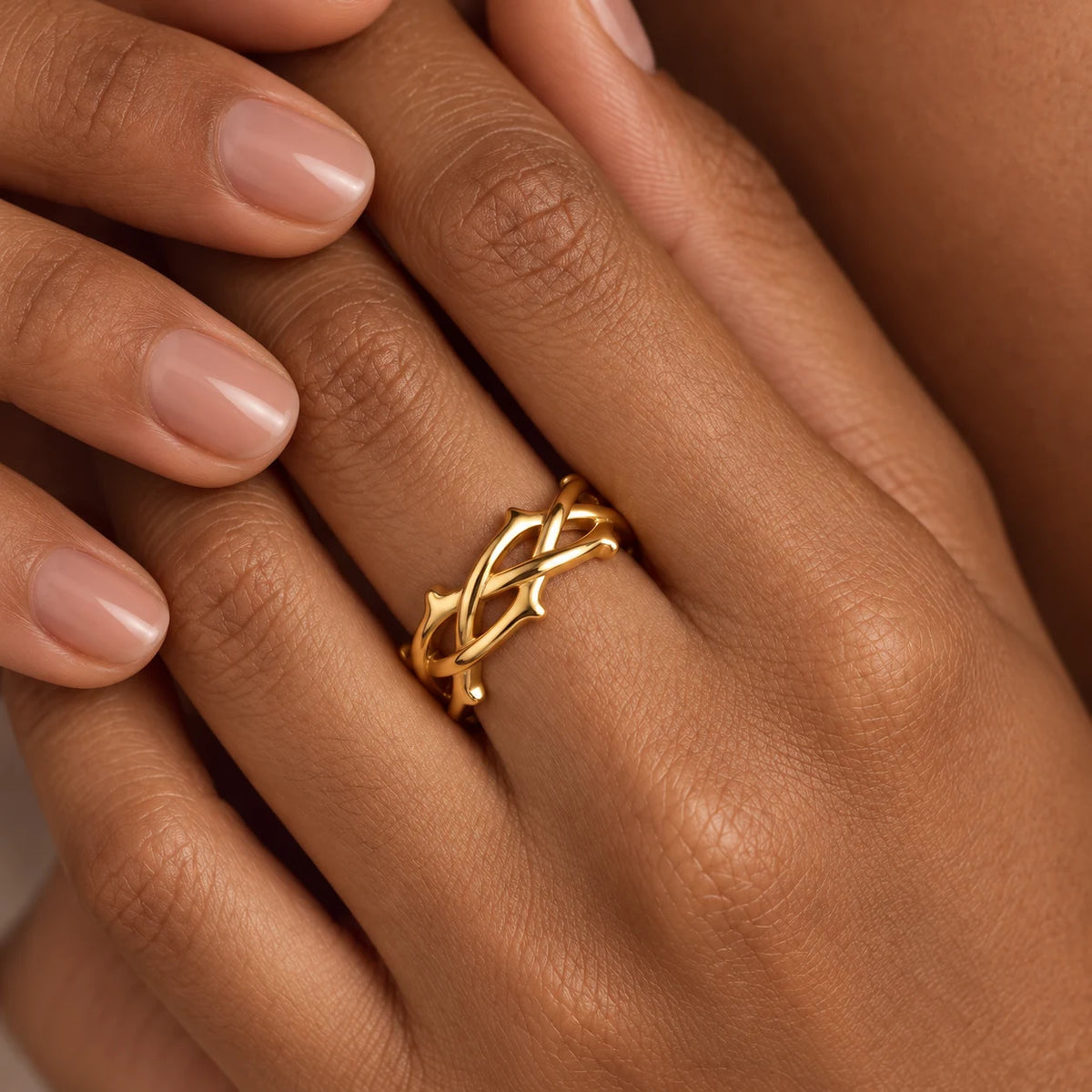 Sacred Thorn Woven Ring - lifestyle hand gold