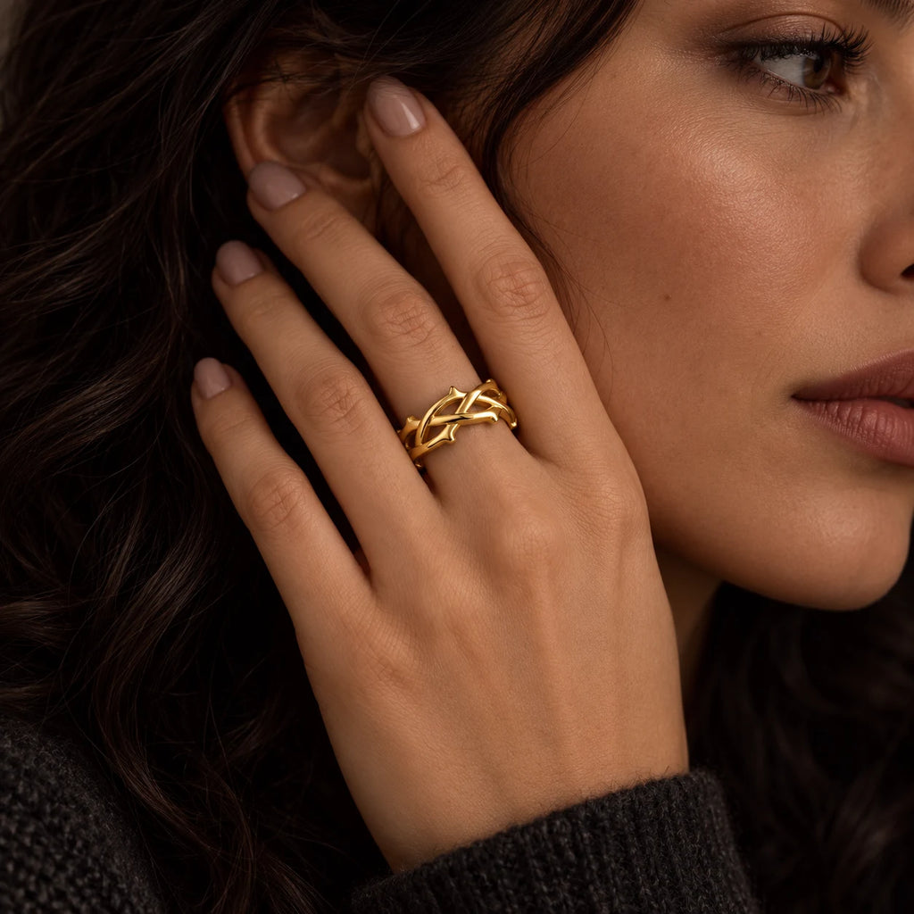 Sacred Thorn Woven Ring - lifestyle face gold