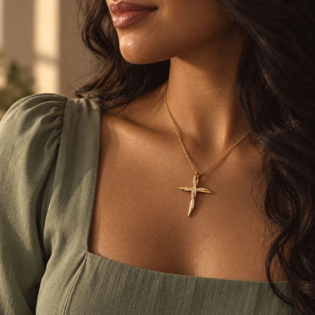Seraph Curve Cross Necklace - lifestyle gold sage neckline