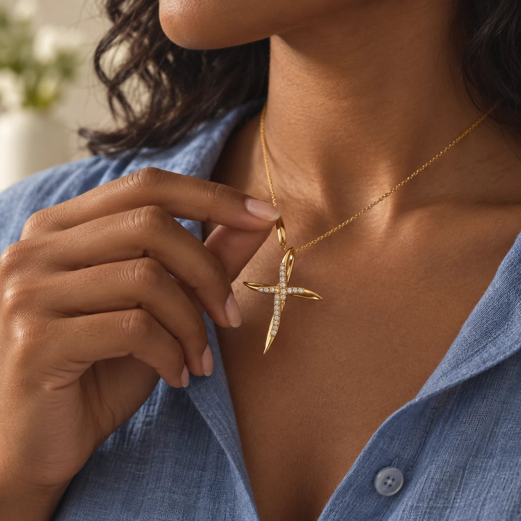 Seraph Curve Cross Necklace - lifestyle gold hand blue