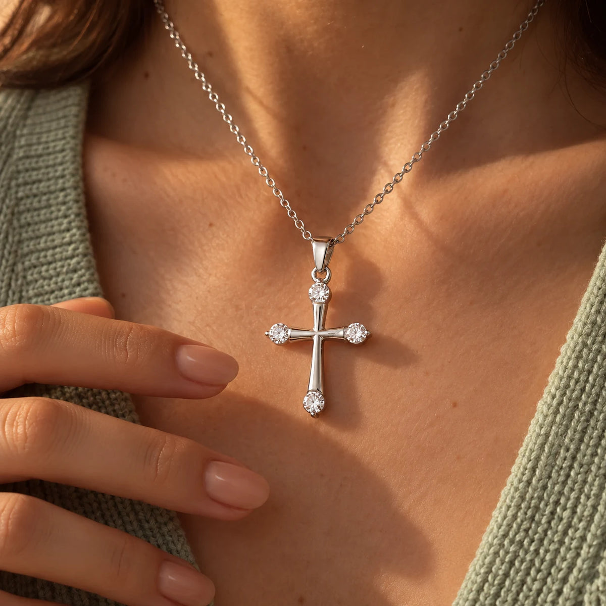 Serena Cross Necklace - lifestyle silver sage