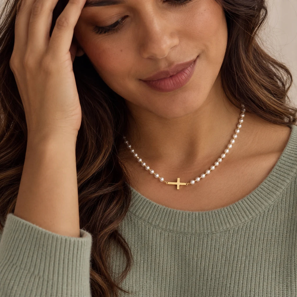 Serene Pearl Cross Necklace - lifestyle gold sage
