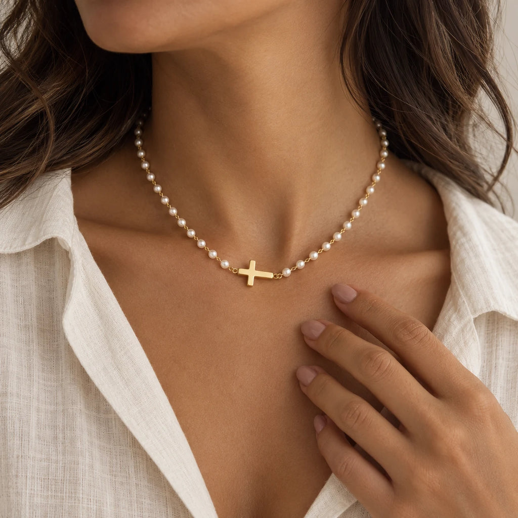 Serene Pearl Cross Necklace - lifestyle gold ivory