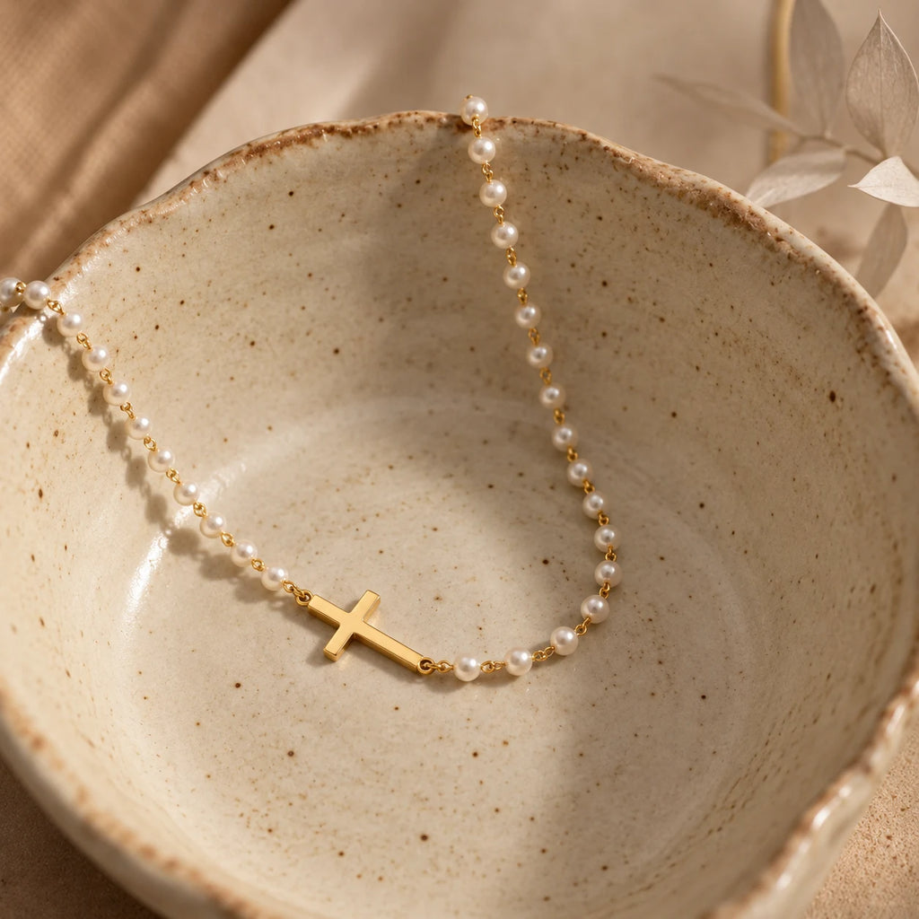 Serene Pearl Cross Necklace - still life gold ceramic