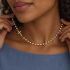 Serene Pearl Cross Necklace - lifestyle gold two hands