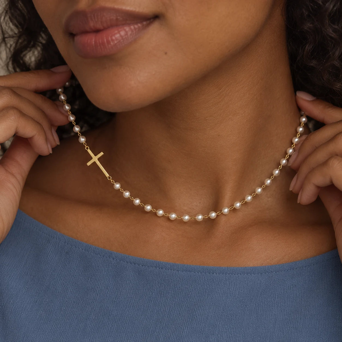 Serene Pearl Cross Necklace - lifestyle gold two hands