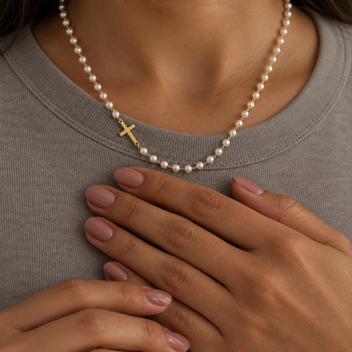 Serene Pearl Cross Necklace - lifestyle gold overlap