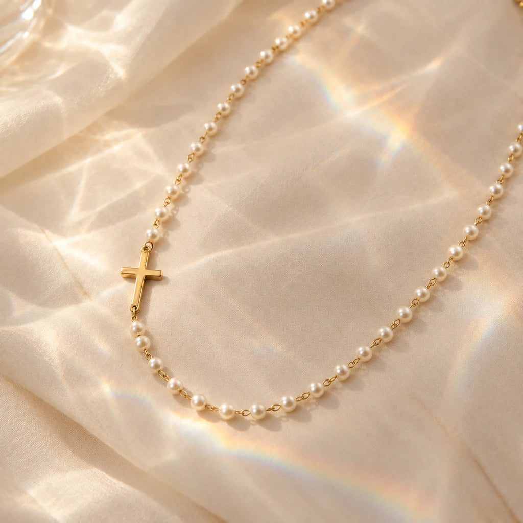 Serene Pearl Cross Necklace - still life gold prism