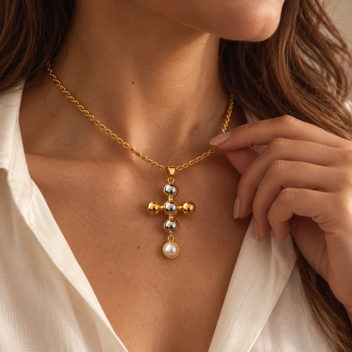 Solace Dome Cross Necklace - lifestyle gold hand