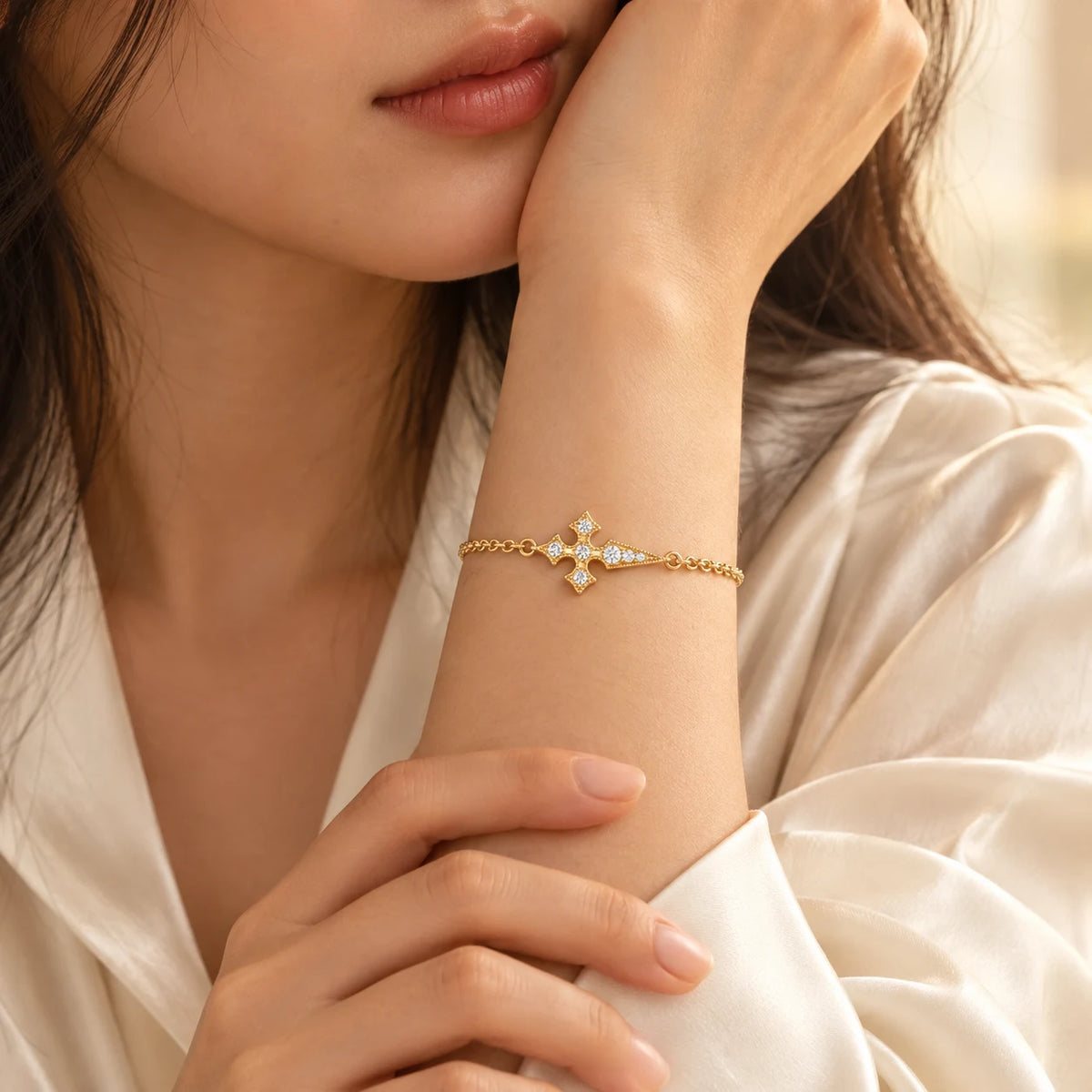 Sovereign Light Cross Bracelet - lifestyle gold wrist
