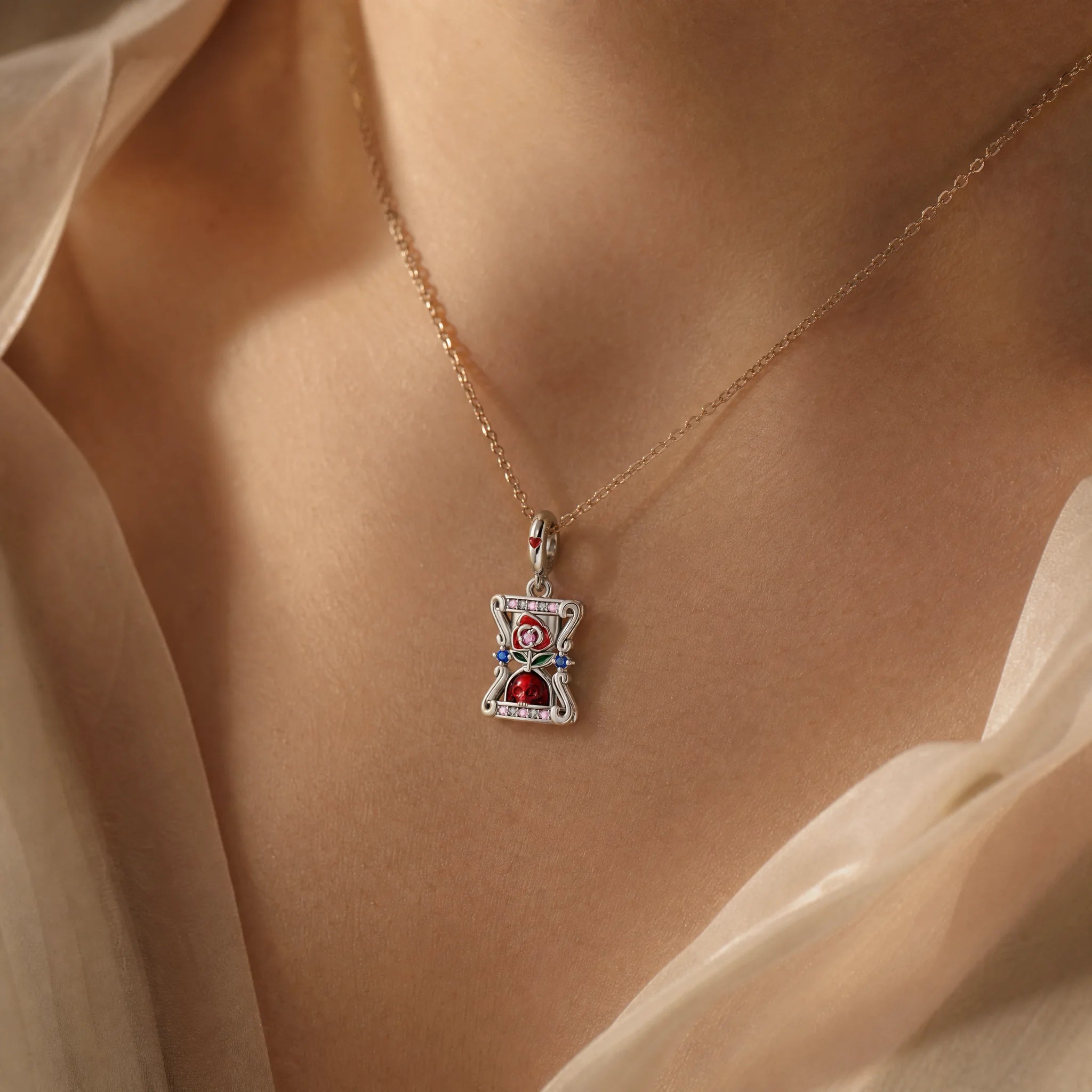 CALEO Spiritual & Mystic lifestyle - Red Rose Skull Hourglass Charm - spiritual-mystic-mixed-r33-red-rose-skull-hourglass-charm