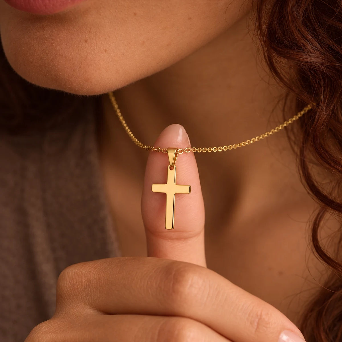 Steadfast Cross Necklace - steadfast cross gold finger detail