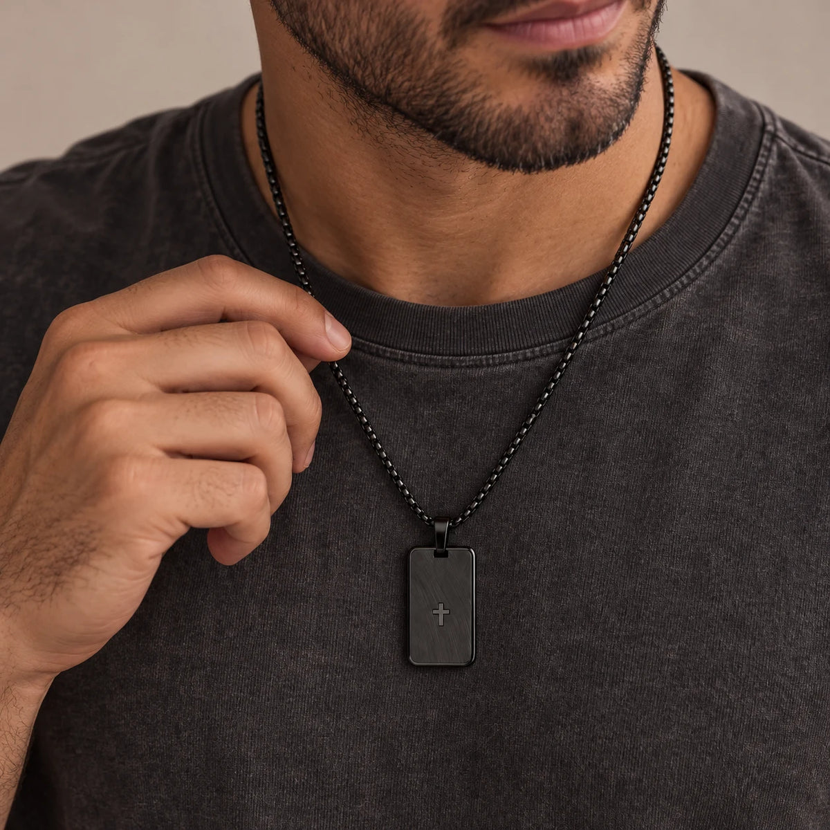 Steadfast Cross Tag Necklace - lifestyle black charcoal