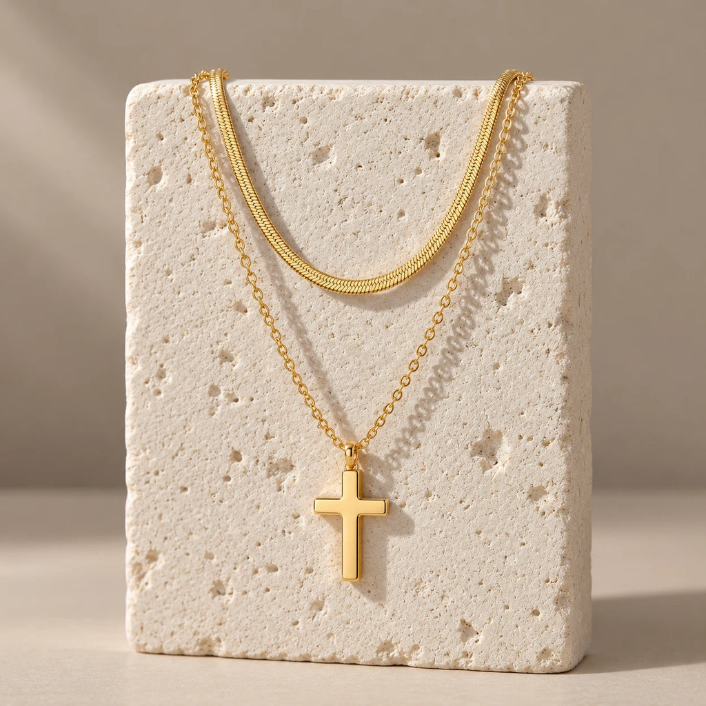 Steadfast Layered Cross Necklace - display gold limestone