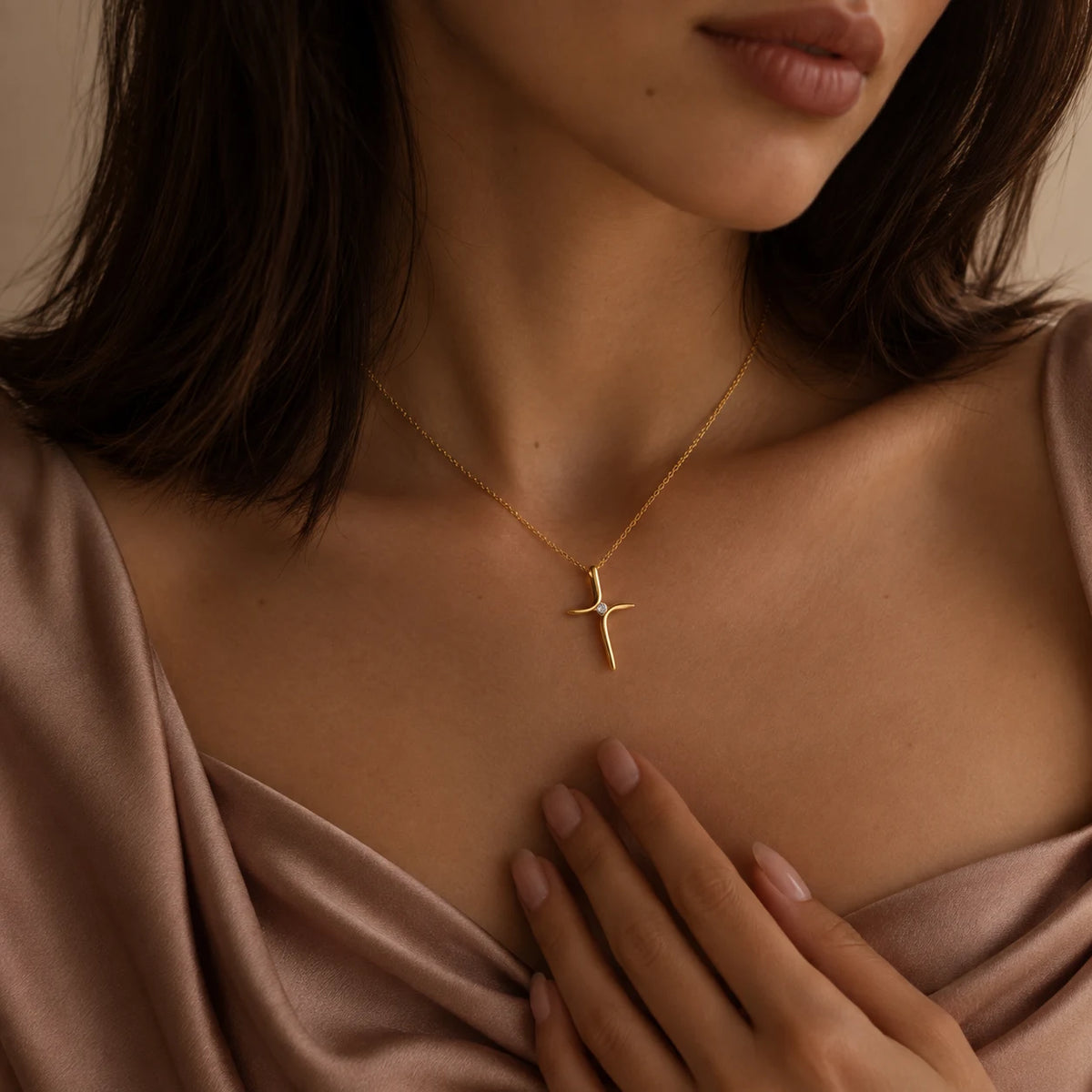 Stillpoint Cross Necklace - lifestyle rose satin