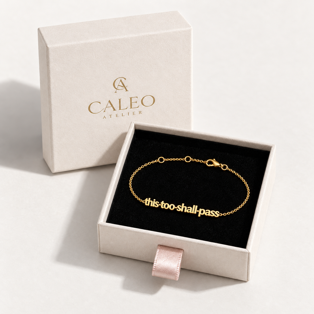 This Too Shall Pass Letter Bracelet presented in the CALEO Atelier gift box