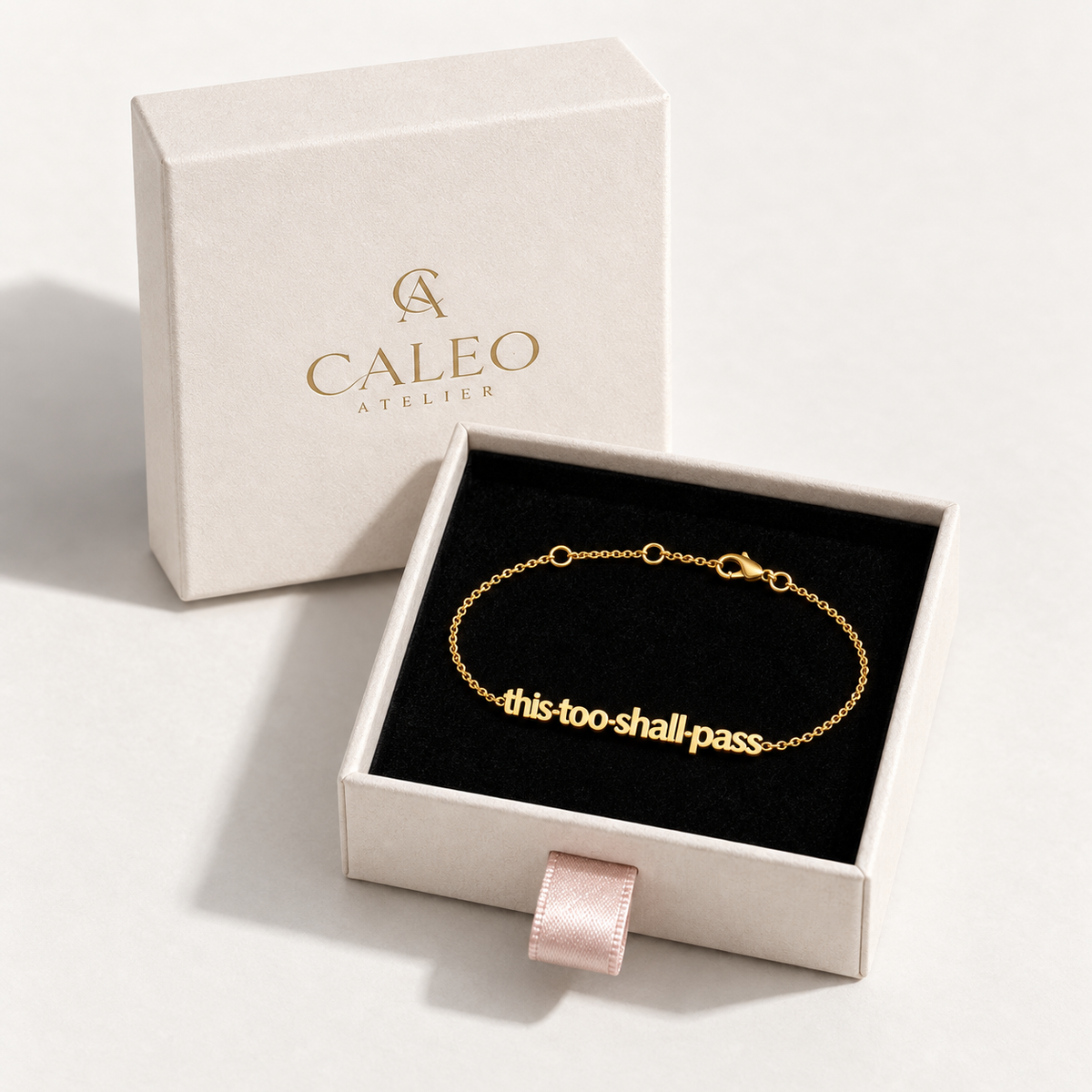 This Too Shall Pass Letter Bracelet presented in the CALEO Atelier gift box
