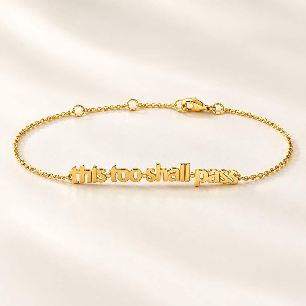 Gold This Too Shall Pass Letter Bracelet on white