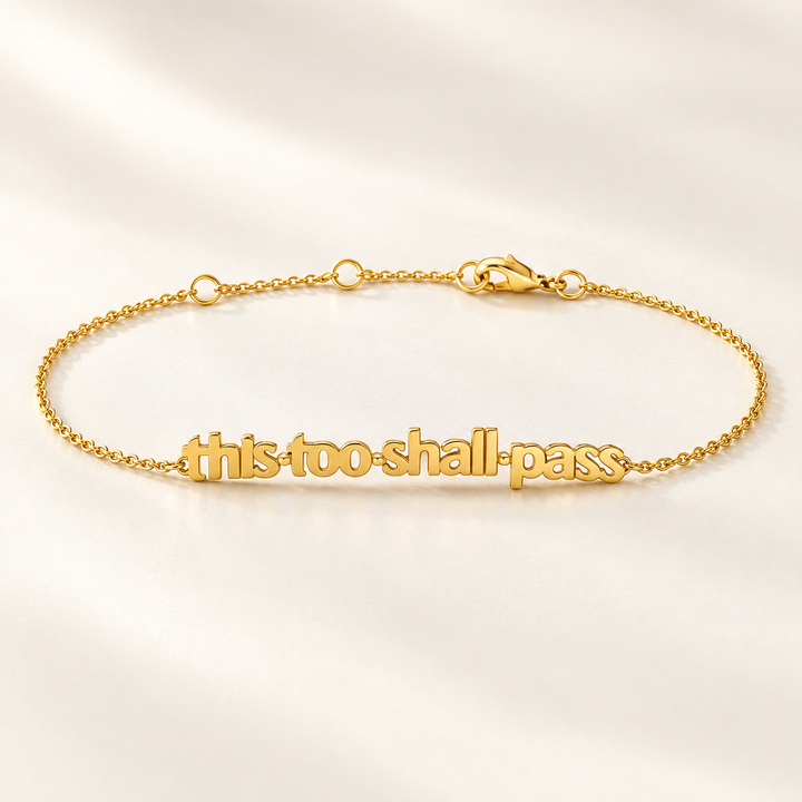 Gold This Too Shall Pass Letter Bracelet on white