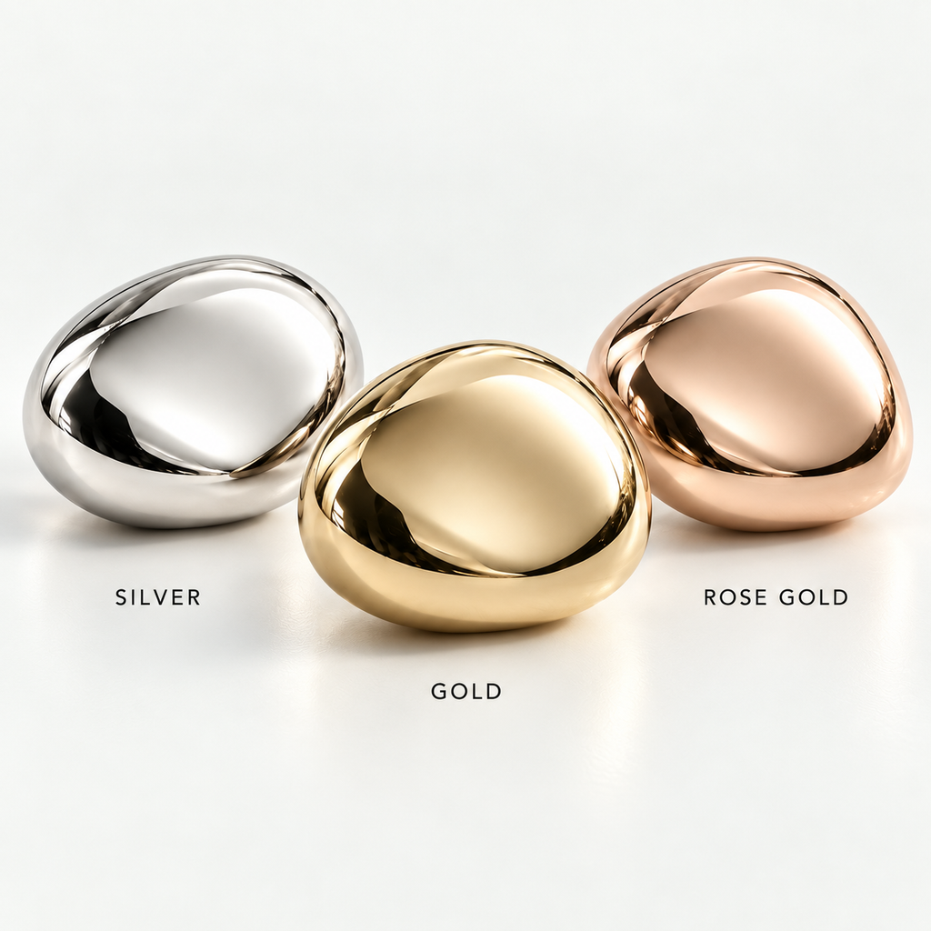 Luxury polished finish samples in Silver, Gold and Rose Gold