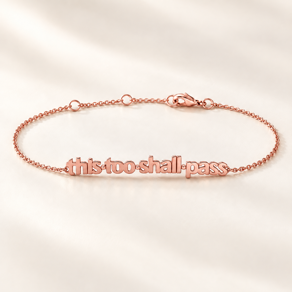 Rose Gold This Too Shall Pass Letter Bracelet on white