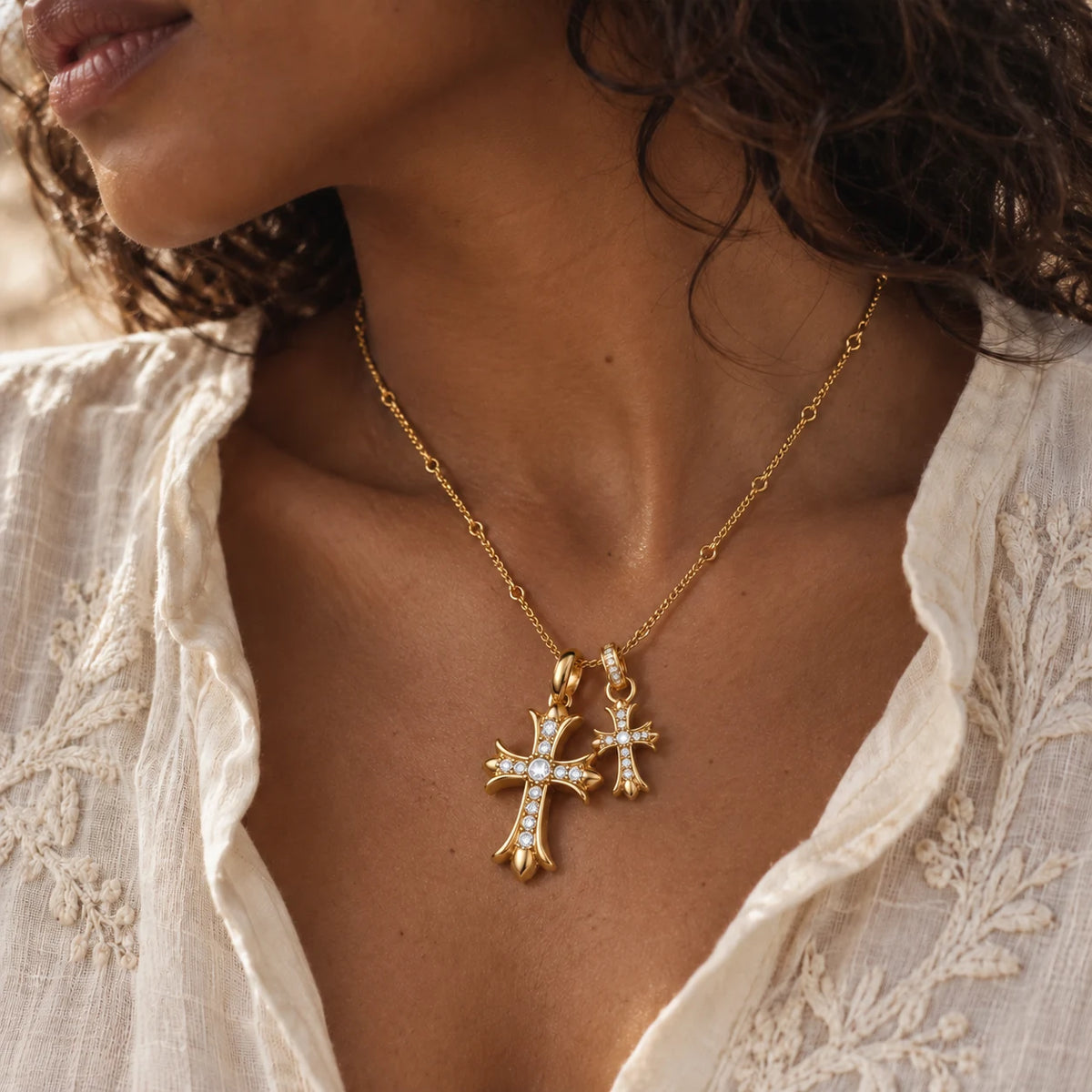 Twofold Grace Cross Necklace - lifestyle gold lace