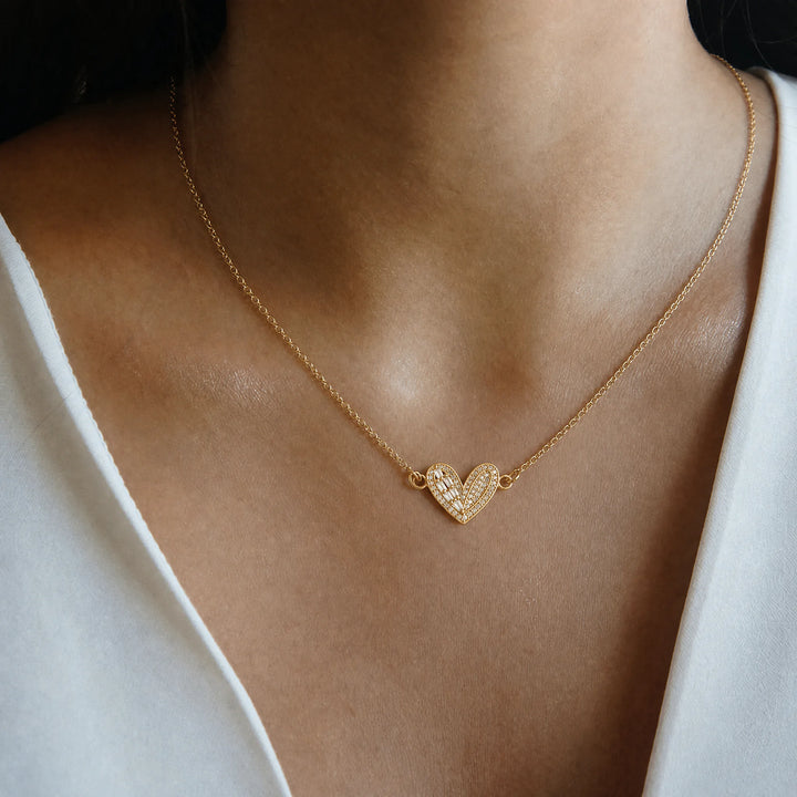 V-Shaped Crystal Heart Connector Charm worn inline on a delicate necklace