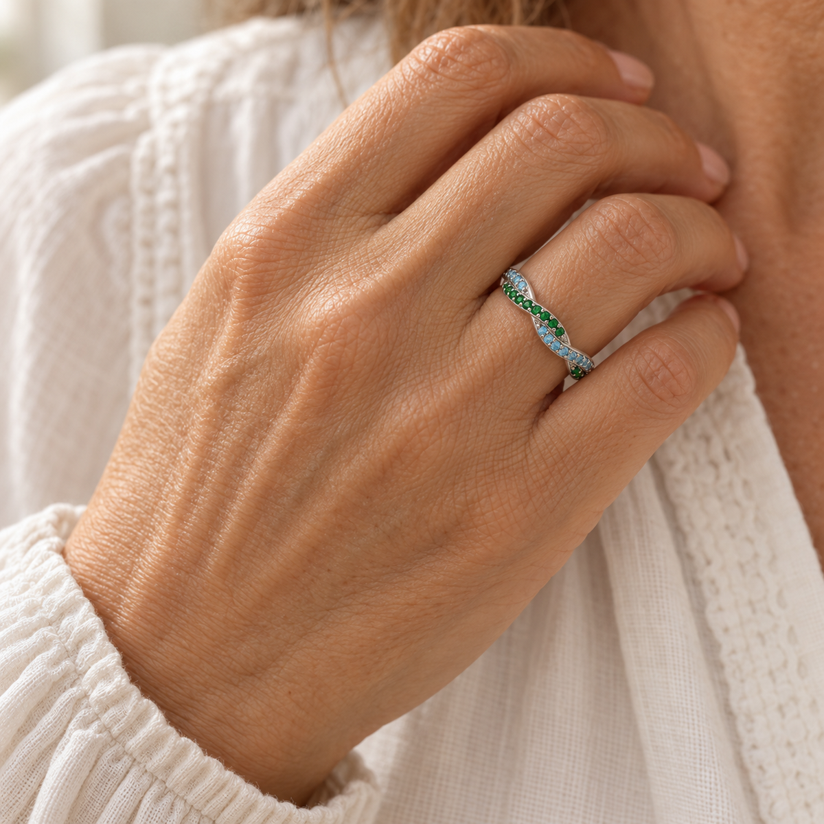 Wavy Birthstone Promise Ring — natural worn hero