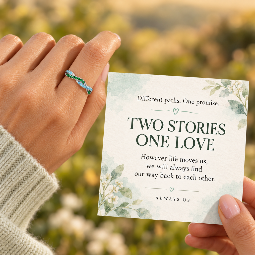 Wavy Birthstone Promise Ring — two stories one love message card