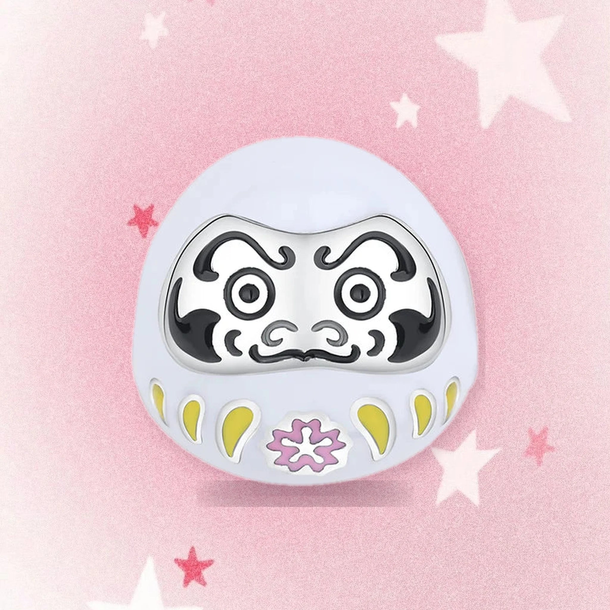 CALEO Japanese charm thumbnail - White Daruma Doll Charm - pink star background - 2026-07-22